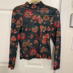 Anthropologie Pink and Green Fitted Blouse with Mock Neck Collar